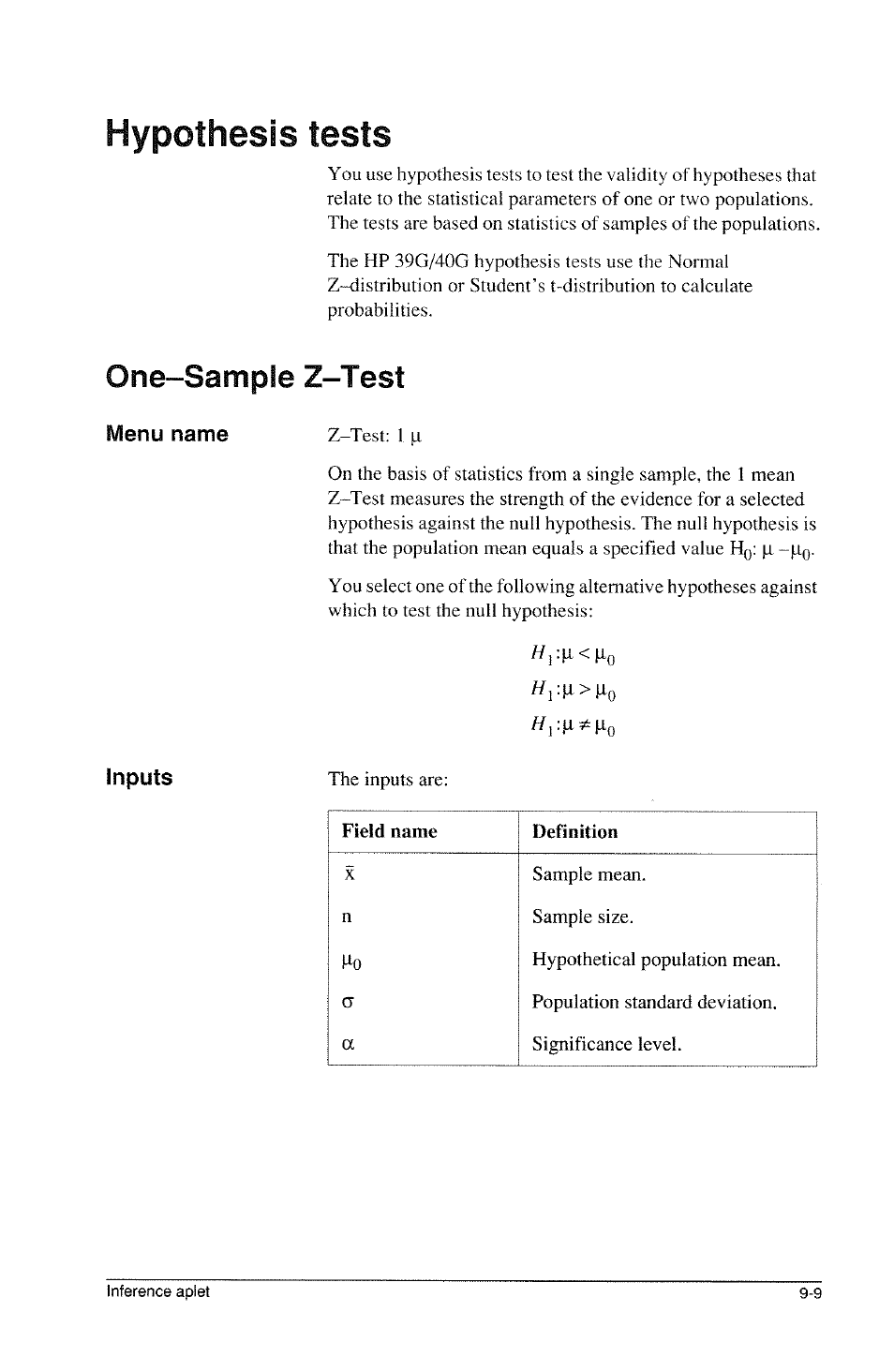 Inputs, Hypothesis tests, One-sample z-test | HP 39g Graphing Calculator User Manual | Page 125 / 292