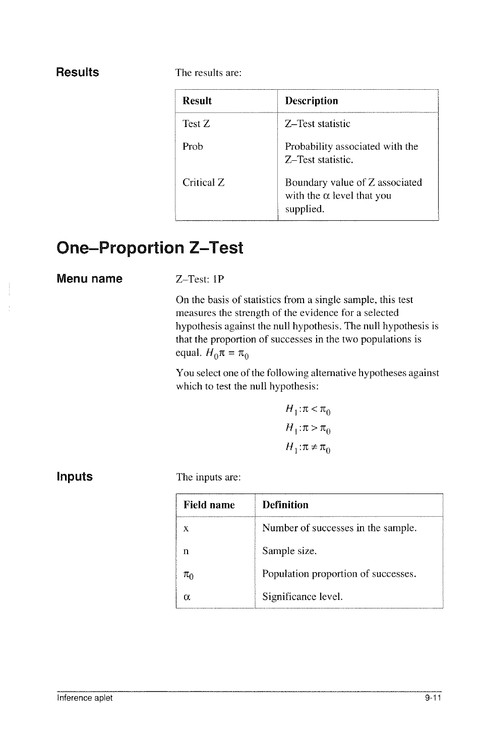 One-proportion z-test, Menu name z^test: ip, Inputs | One-proportion z-test -11, Results, Menu name z^test: ip inputs | HP 39g Graphing Calculator User Manual | Page 127 / 292