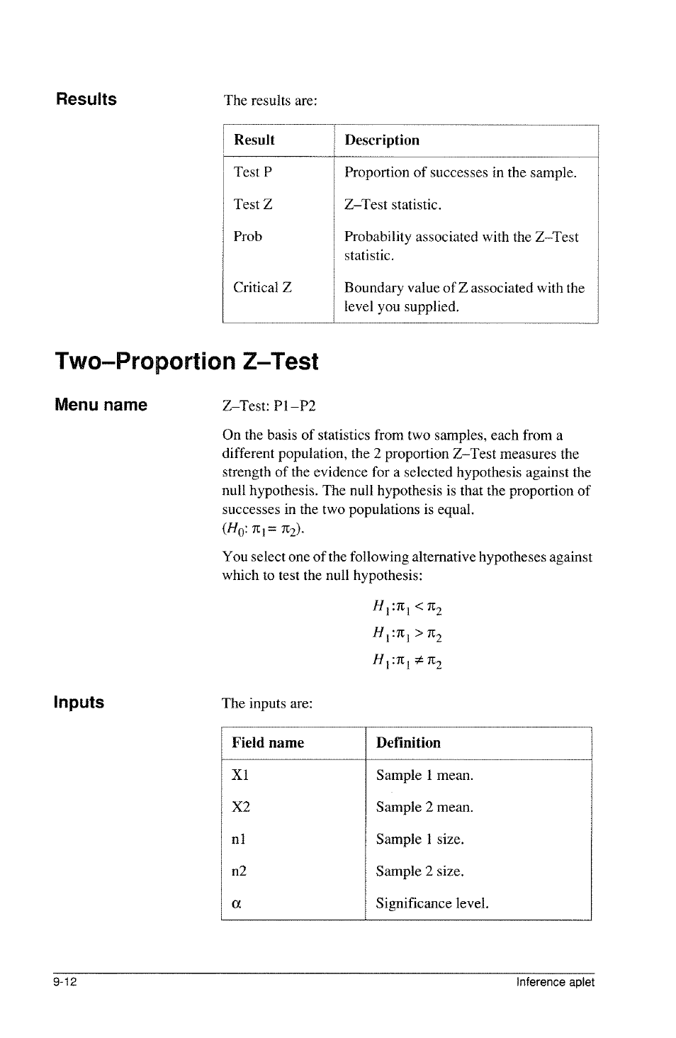 Two-proportion z-test, Two-proportion z-test -12, Menu name z-test | P2 inputs | HP 39g Graphing Calculator User Manual | Page 128 / 292