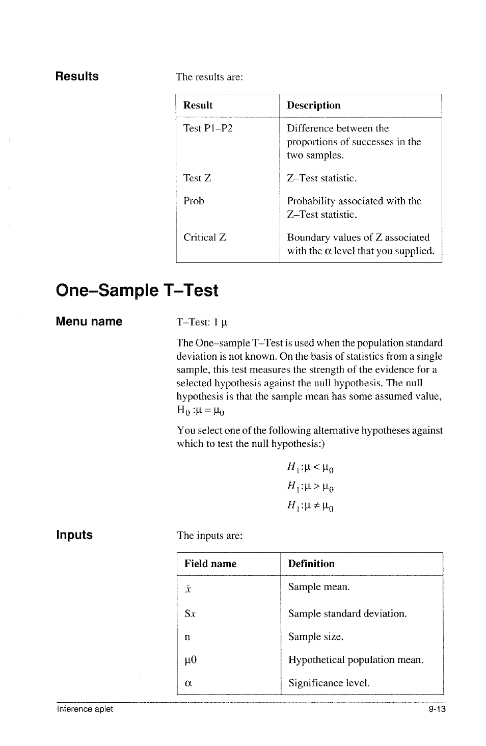 Inputs, One-sample t-test | HP 39g Graphing Calculator User Manual | Page 129 / 292