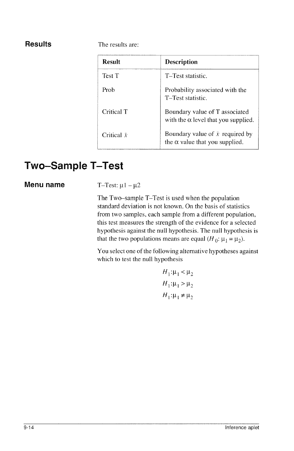 Two-sample t-test, Results, Menu name | HP 39g Graphing Calculator User Manual | Page 130 / 292