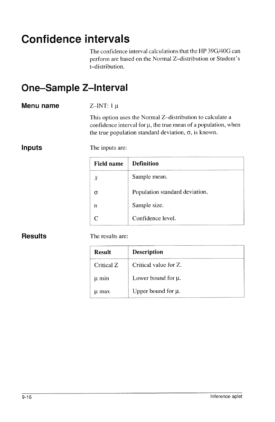 Confidence intervals, Inputs, Results | Confidence intervals -16, One-sample z-interval | HP 39g Graphing Calculator User Manual | Page 132 / 292