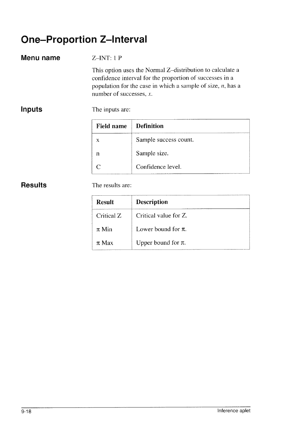 Inputs, Results, One-proportion z-interval | HP 39g Graphing Calculator User Manual | Page 134 / 292