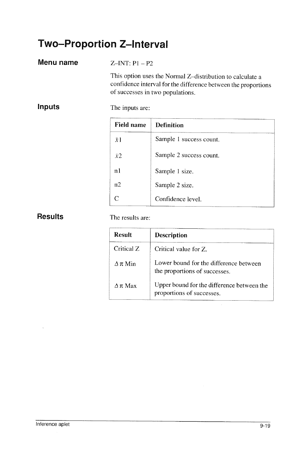 Menu name, Inputs, Results | Two-proportion z-interval | HP 39g Graphing Calculator User Manual | Page 135 / 292