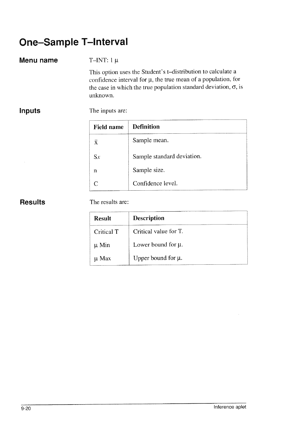 Inputs, Results, One-sample t-interval | HP 39g Graphing Calculator User Manual | Page 136 / 292