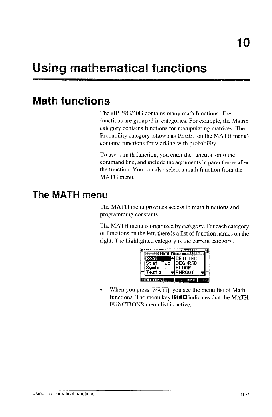 Using mathematical functions, Math functions, The math menu | Math functions -1, The math menu -1 | HP 39g Graphing Calculator User Manual | Page 139 / 292