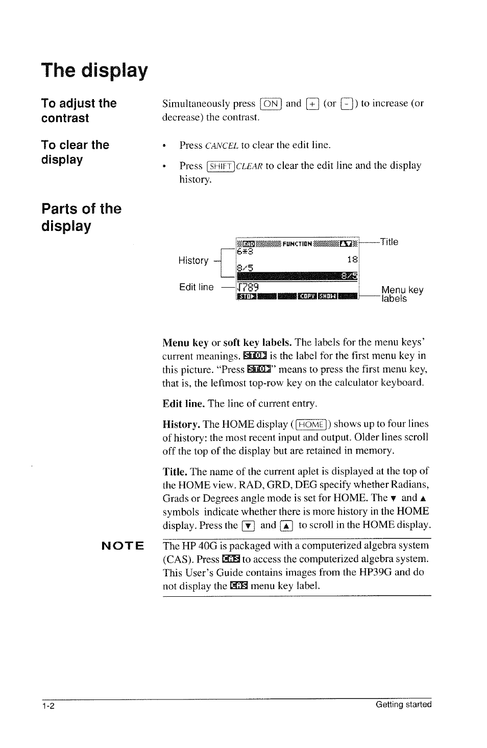 The display, Parts of the display | HP 39g Graphing Calculator User Manual | Page 14 / 292