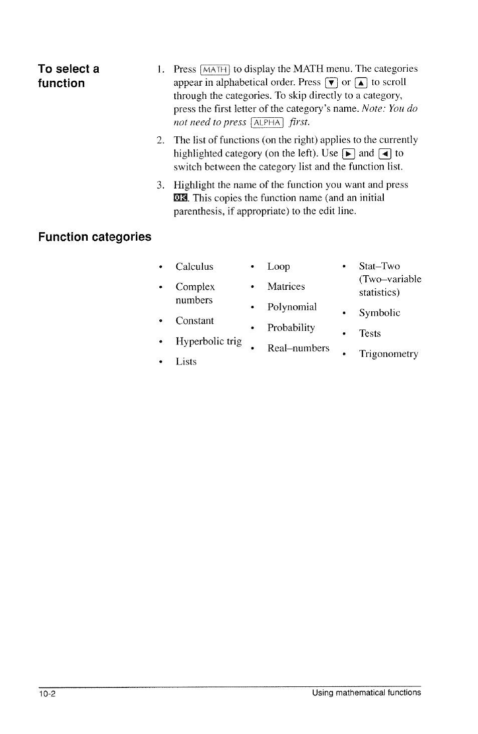 Function categories | HP 39g Graphing Calculator User Manual | Page 140 / 292