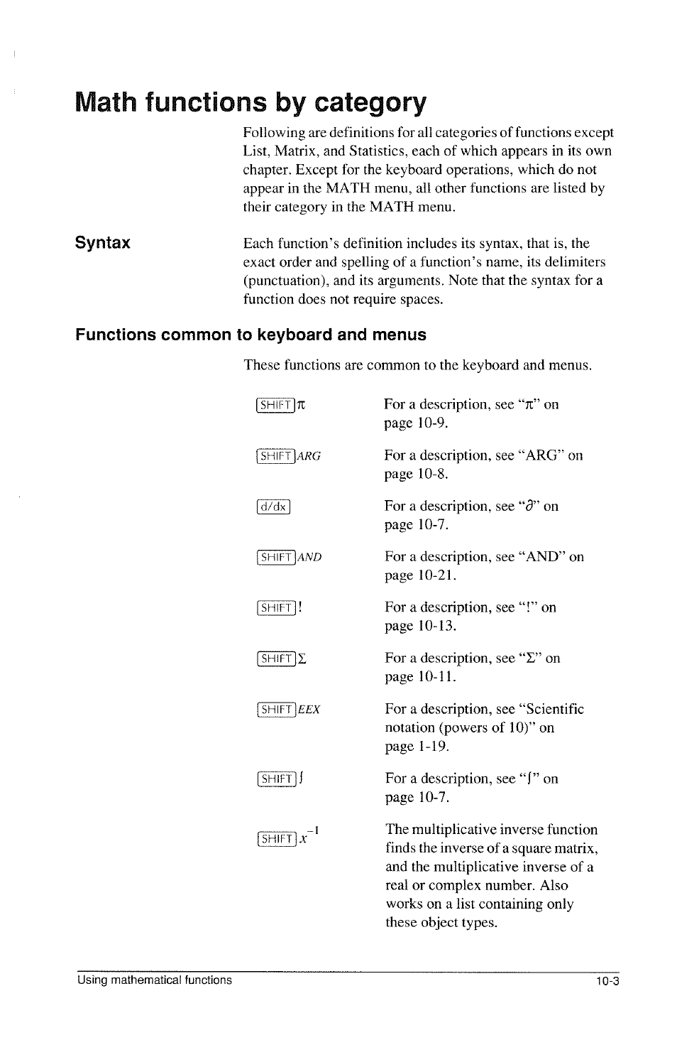 Math functions by category, Functions common to keyboard and menus, Math functions by category -3 | Syntax, D/dx | HP 39g Graphing Calculator User Manual | Page 141 / 292