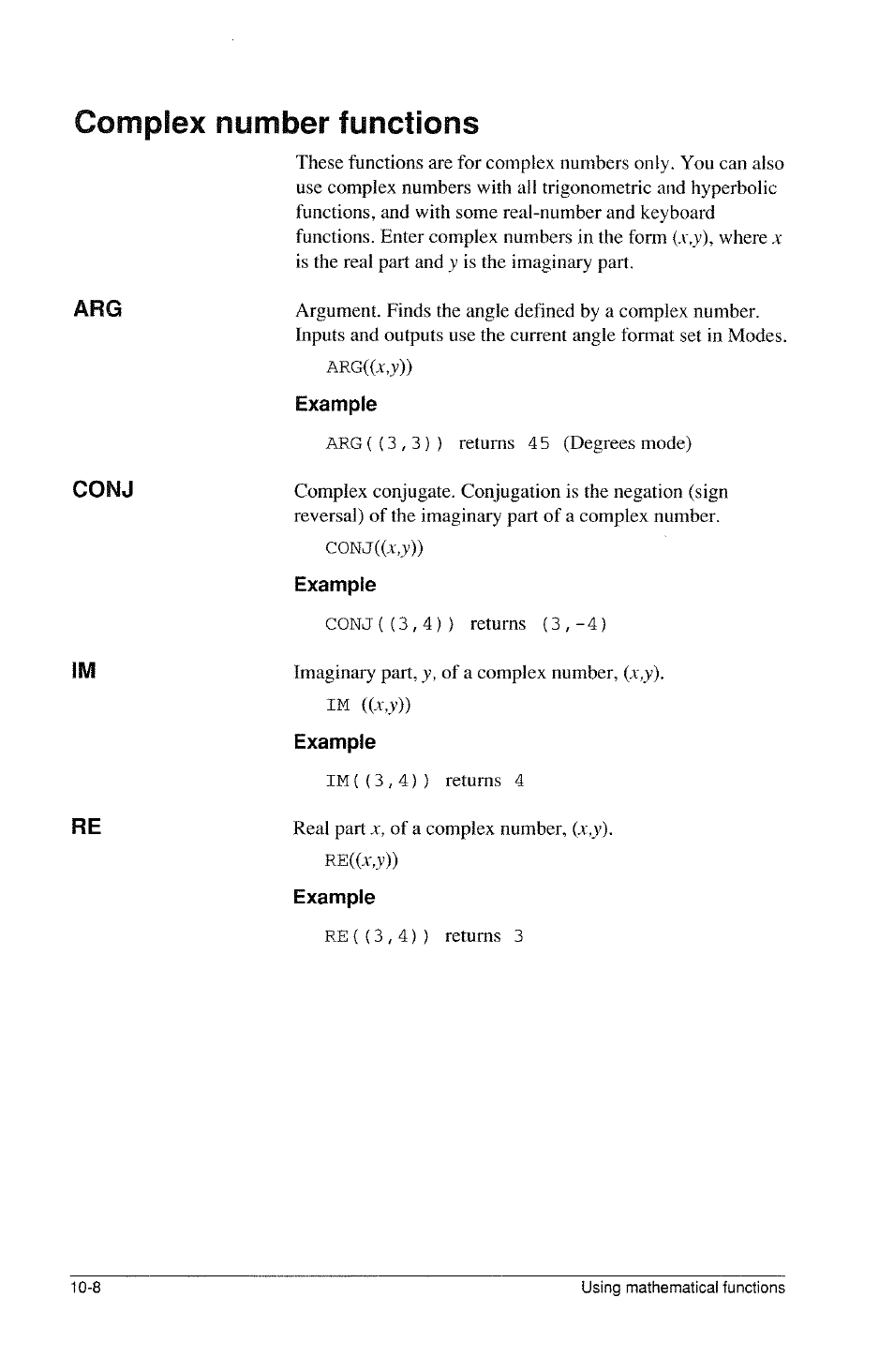 Example, Complex number functions | HP 39g Graphing Calculator User Manual | Page 146 / 292