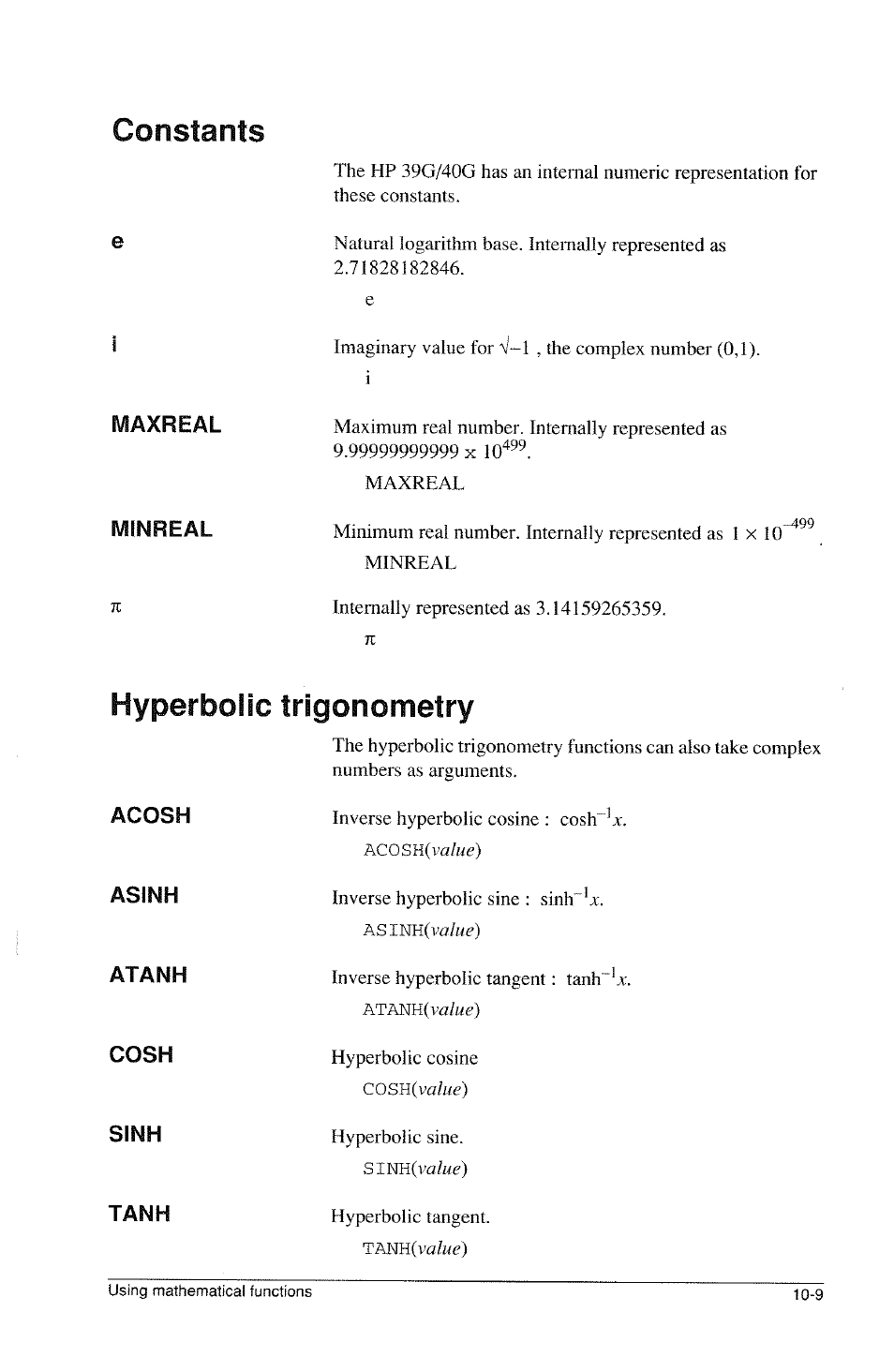 Constants, Hyperbolic trigonometry | HP 39g Graphing Calculator User Manual | Page 147 / 292