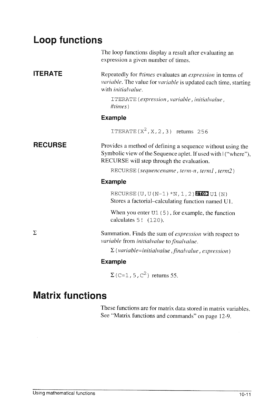 Example, Matrix functions, Matrix functions -11 | Loop functions, Iterate recurse | HP 39g Graphing Calculator User Manual | Page 149 / 292