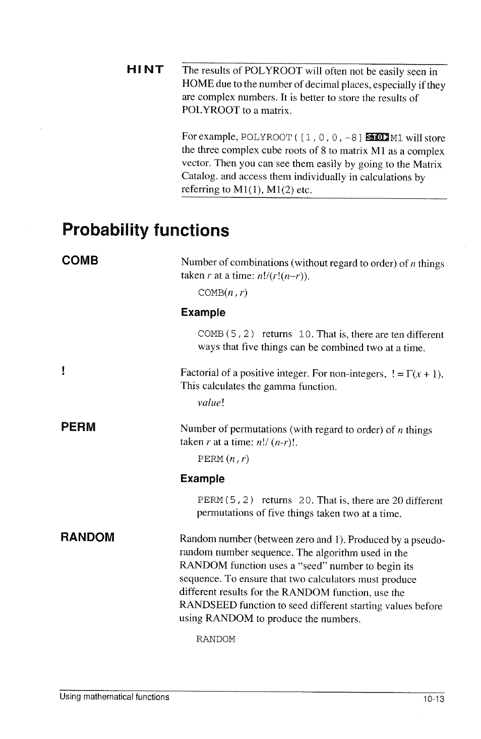 Probability functions, Example, Probability functions -13 | HP 39g Graphing Calculator User Manual | Page 151 / 292