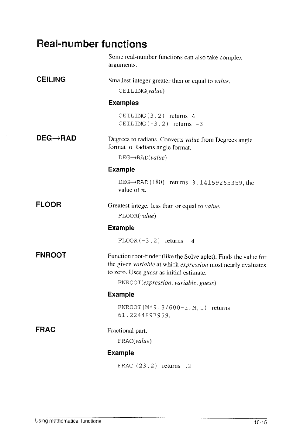 Examples, Example, Real-number functions | HP 39g Graphing Calculator User Manual | Page 153 / 292