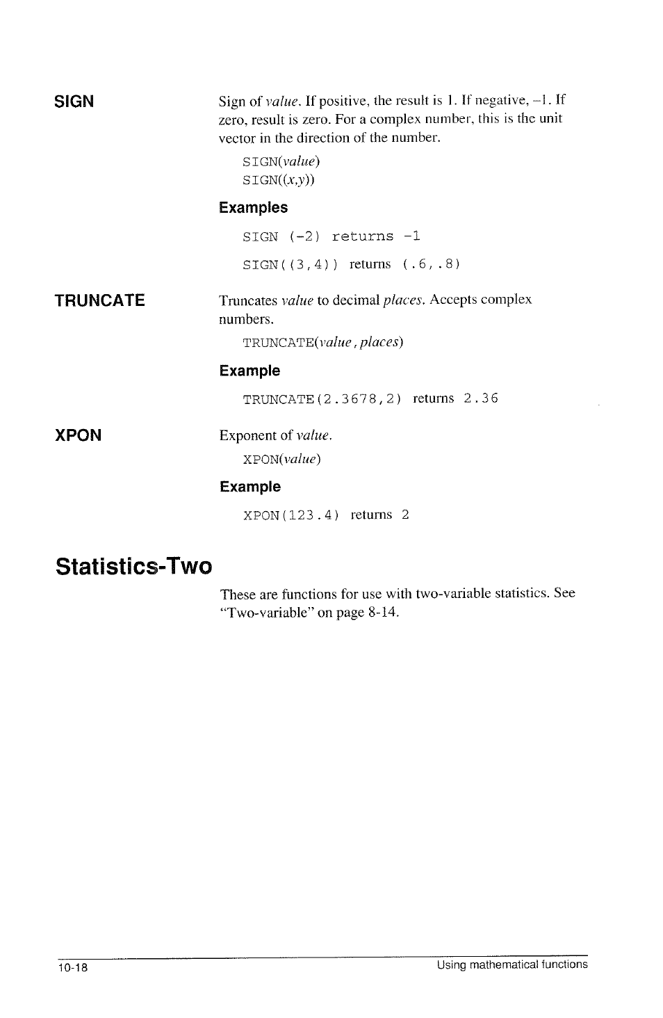 Sign, Truncate, Xpon | Examples, Example, Statistics-two, Statistics-two -18 | HP 39g Graphing Calculator User Manual | Page 156 / 292