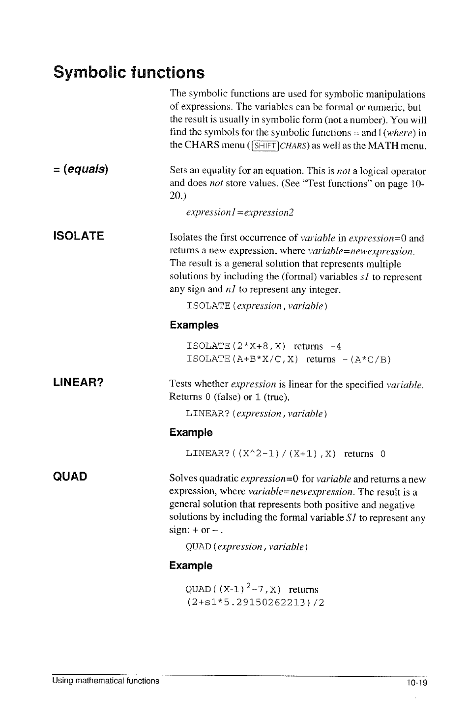 Examples, Example, Symbolic functions | HP 39g Graphing Calculator User Manual | Page 157 / 292