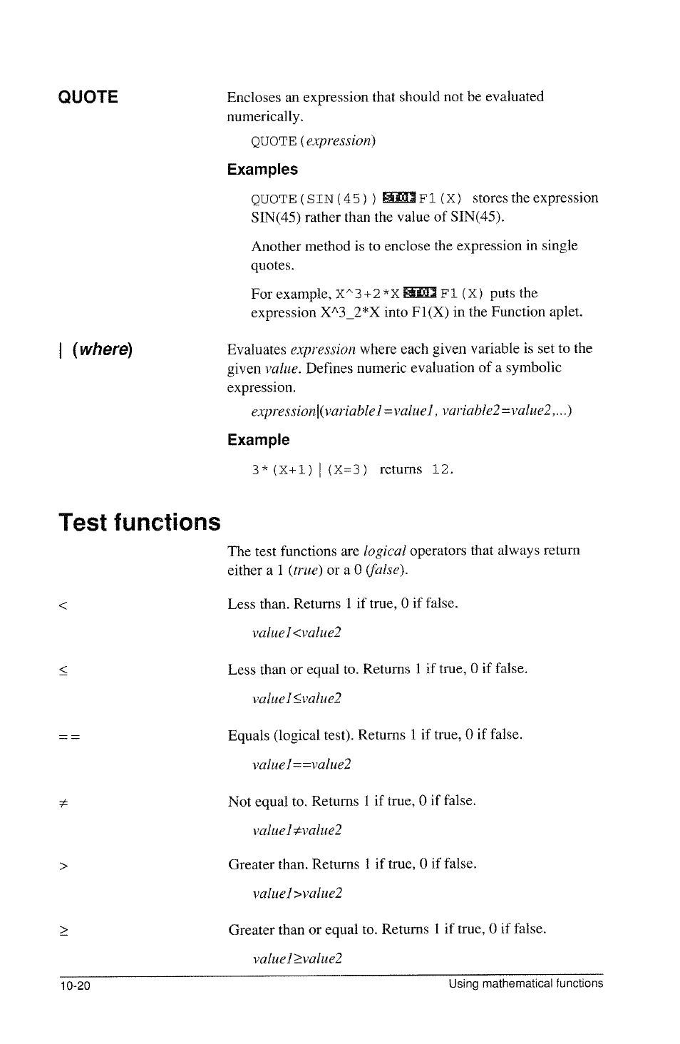 Examples, Example, Test functions | List functions -10 | HP 39g Graphing Calculator User Manual | Page 158 / 292