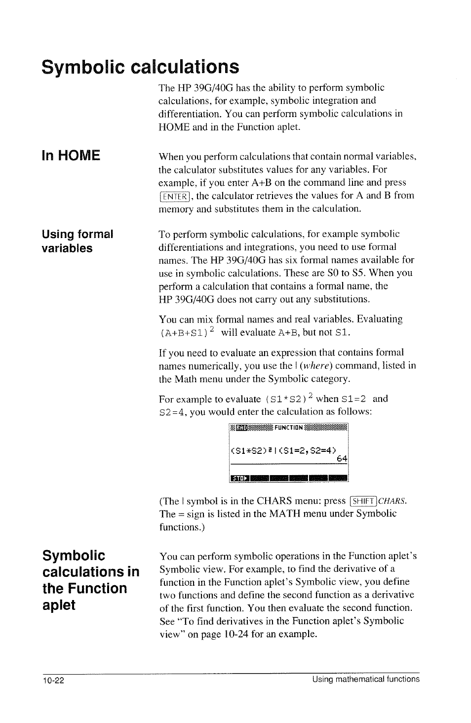 Symbolic calculations, Symbolic functions -19, Symbolic calculations in the function aplet | HP 39g Graphing Calculator User Manual | Page 160 / 292