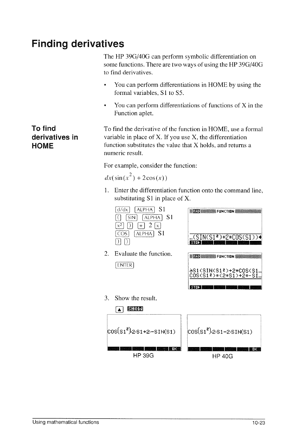 Finding derivatives, To find, Derivatives in home | Finding derivatives -23, Home, Q] d, Derivatives in | HP 39g Graphing Calculator User Manual | Page 161 / 292