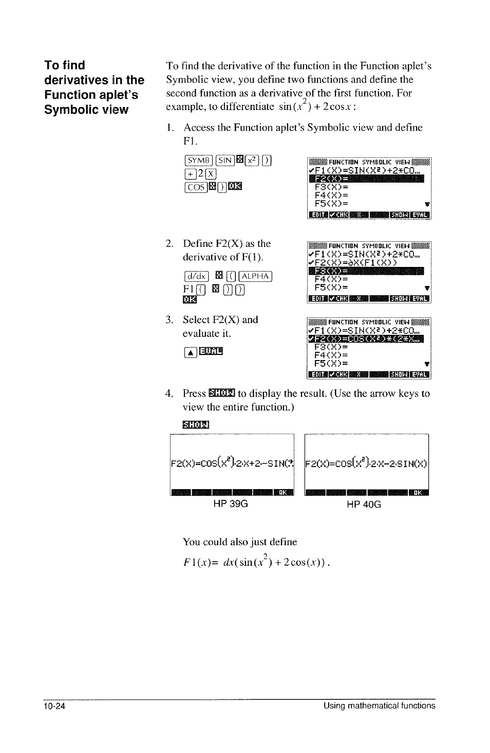 To find, Derivatives in the function apiet’s symboiic view, Gej20 | 0imi, Msiisi, Cdd), Symb||sin|h[x^(t, Co^l|t|bl, D/dx, Ffl [til | HP 39g Graphing Calculator User Manual | Page 162 / 292