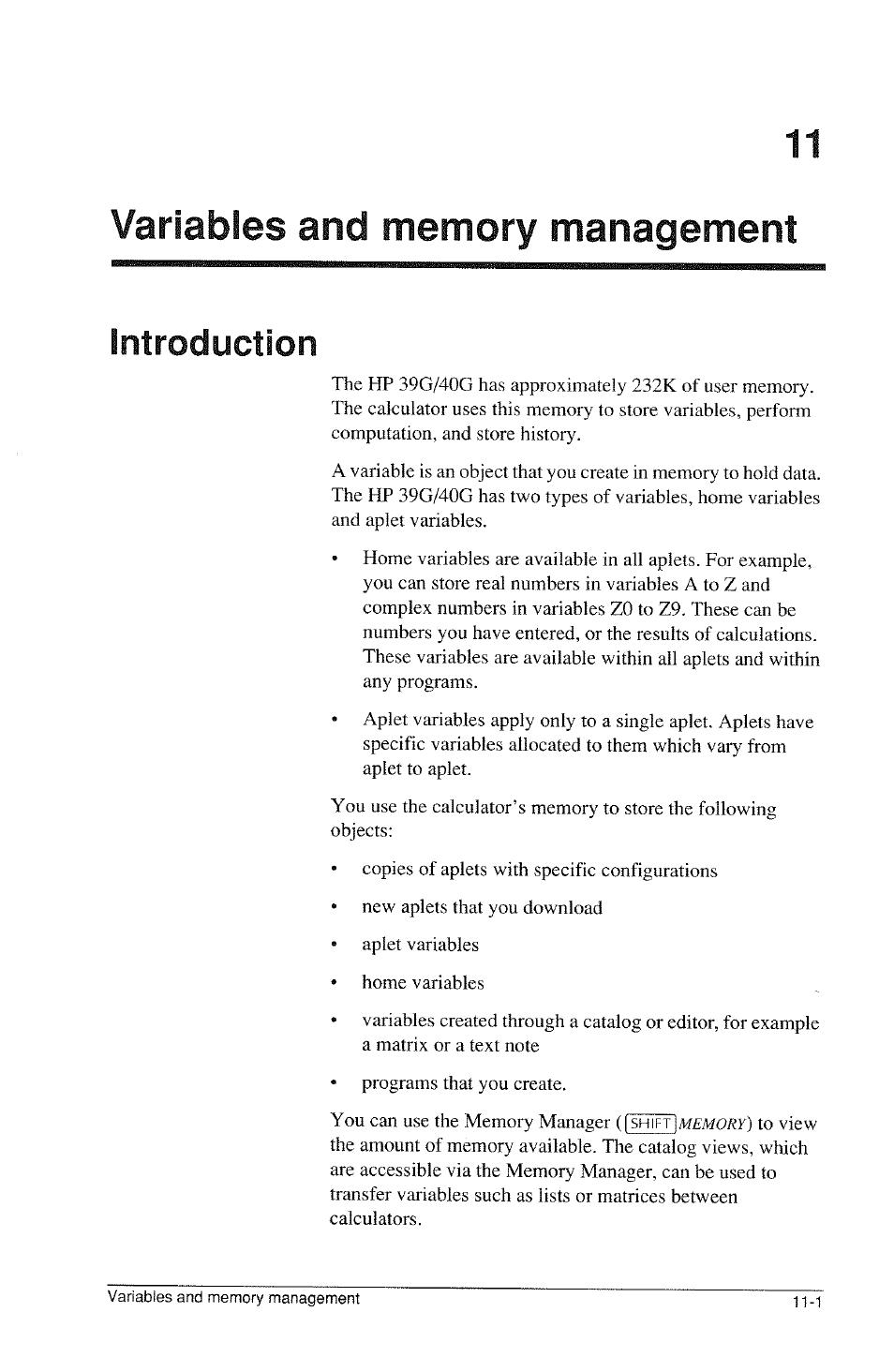 Variables and memory management, Introduction, Introduction -1 | HP 39g Graphing Calculator User Manual | Page 165 / 292