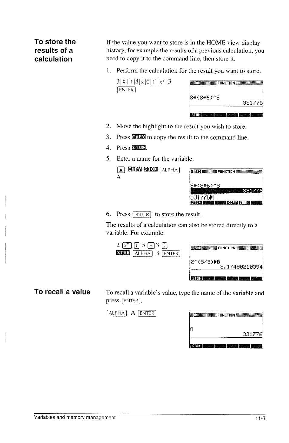 To store the results of a calculation, To recall a value | HP 39g Graphing Calculator User Manual | Page 167 / 292