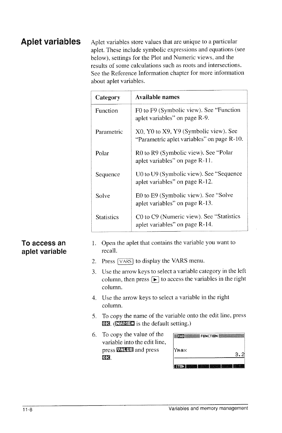 Aplet variable recall, Aplet variables | HP 39g Graphing Calculator User Manual | Page 172 / 292