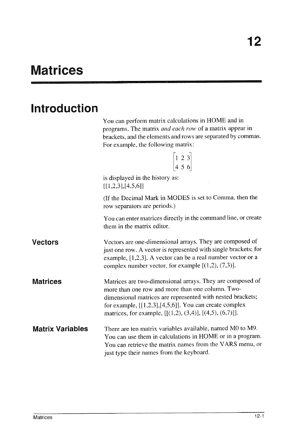 Matrices, Introduction, Vectors | Matrix variables, Introduction -1 | HP 39g Graphing Calculator User Manual | Page 175 / 292