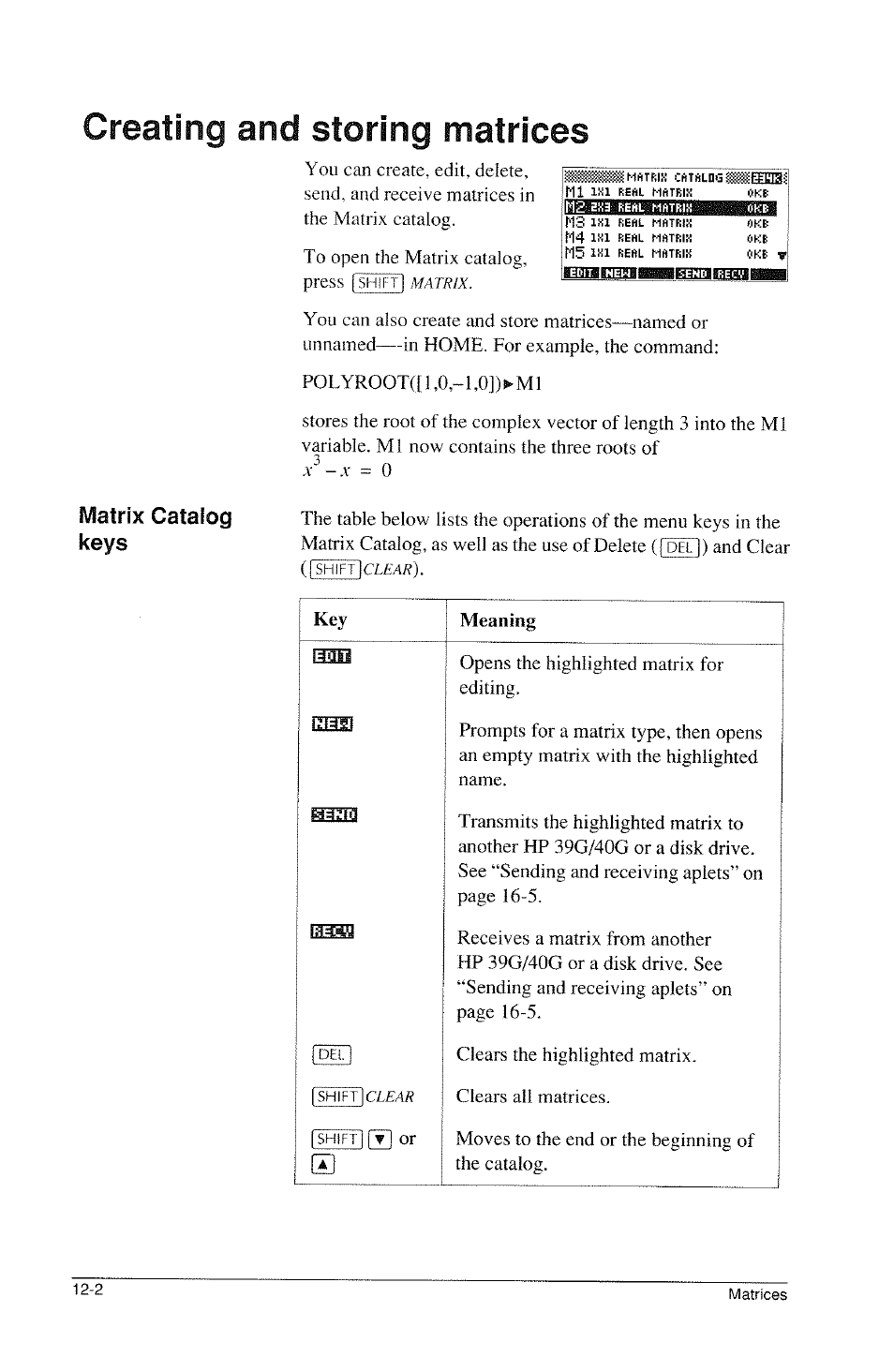 Creating and storing matrices, Creating and storing matrices -2, Matrix catalog keys | HP 39g Graphing Calculator User Manual | Page 176 / 292