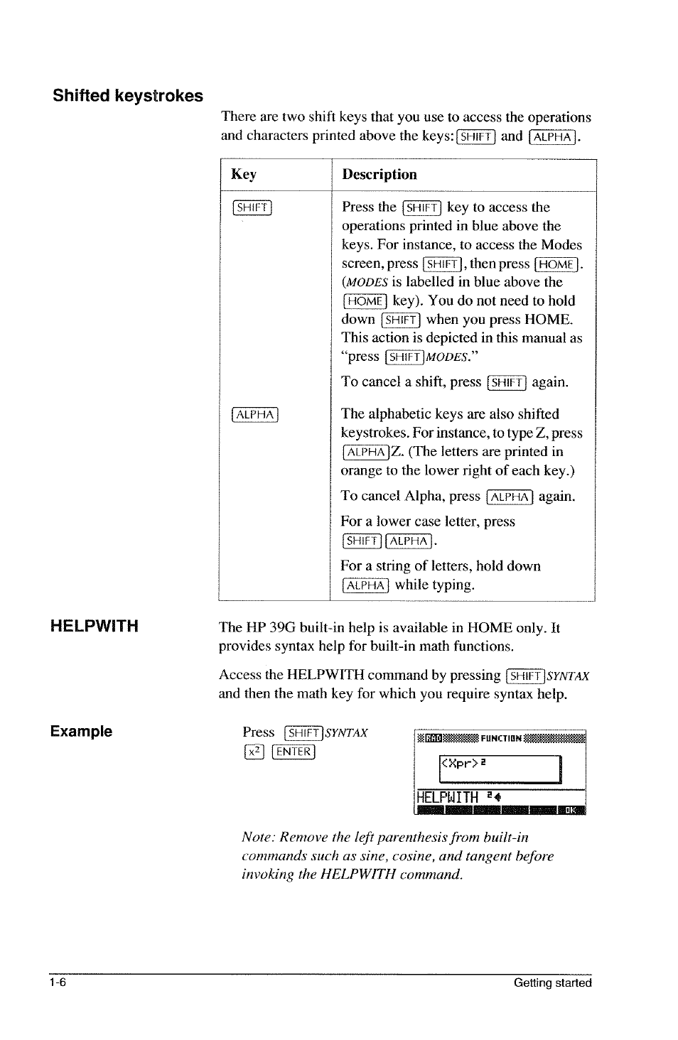 Shifted keystrokes, Example, Helpwith | HP 39g Graphing Calculator User Manual | Page 18 / 292