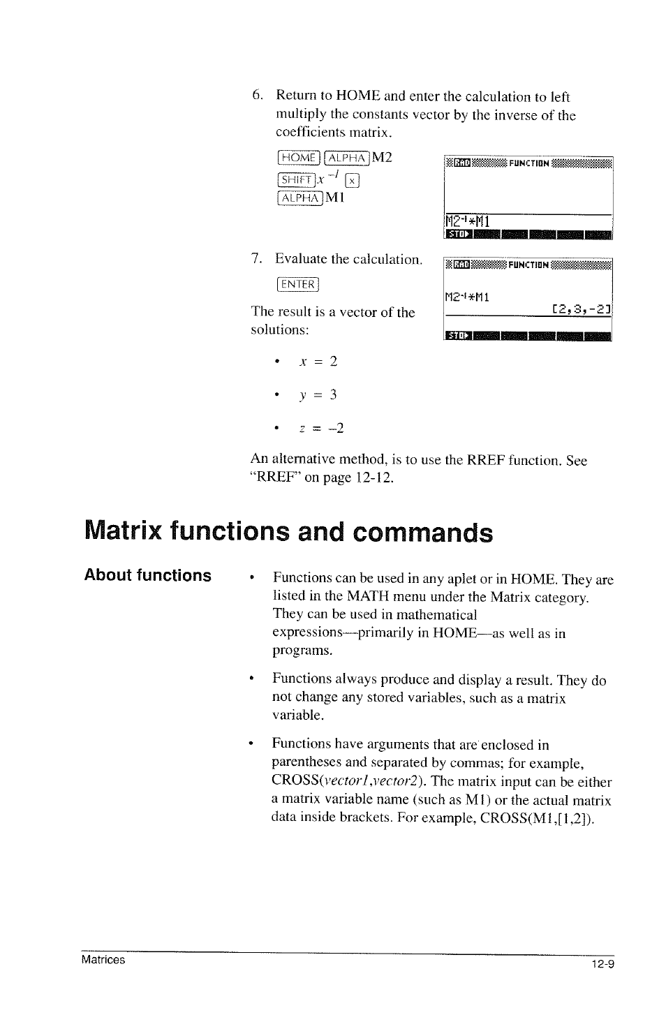 Matrix functions and commands, Matrix functions and commands -9, About functions | HP 39g Graphing Calculator User Manual | Page 183 / 292