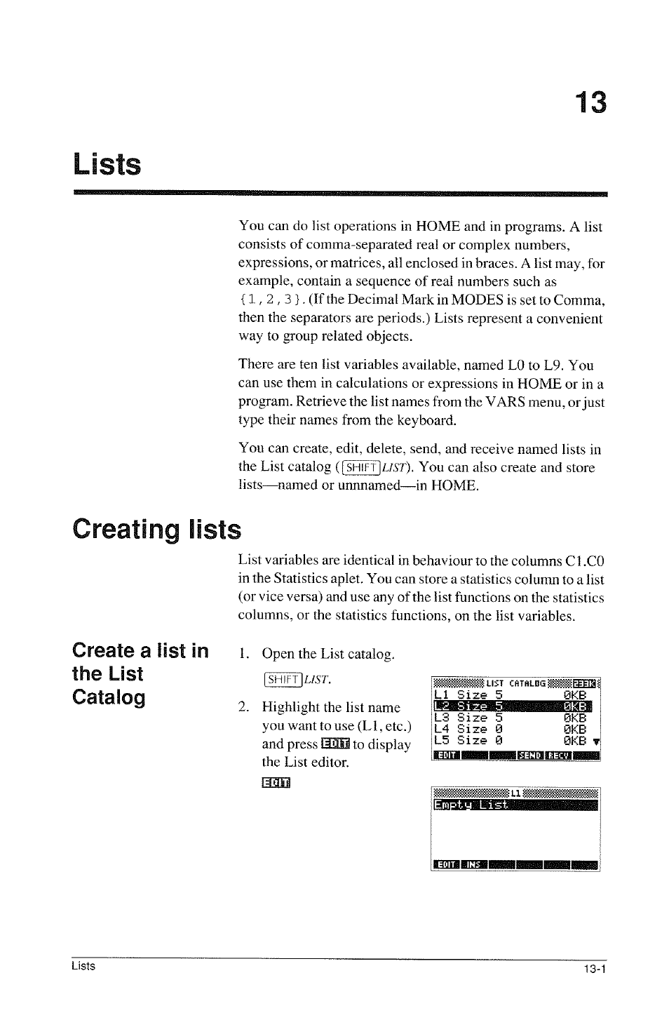 Lists, Creating lists, Creating lists -1 | Create a list in the list catalog | HP 39g Graphing Calculator User Manual | Page 189 / 292