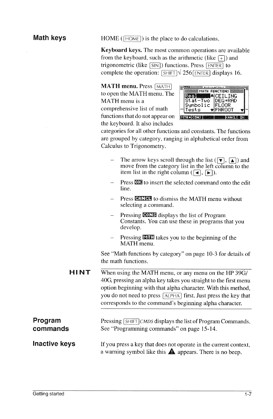 Math keys, Program commands, Inactive keys | HP 39g Graphing Calculator User Manual | Page 19 / 292