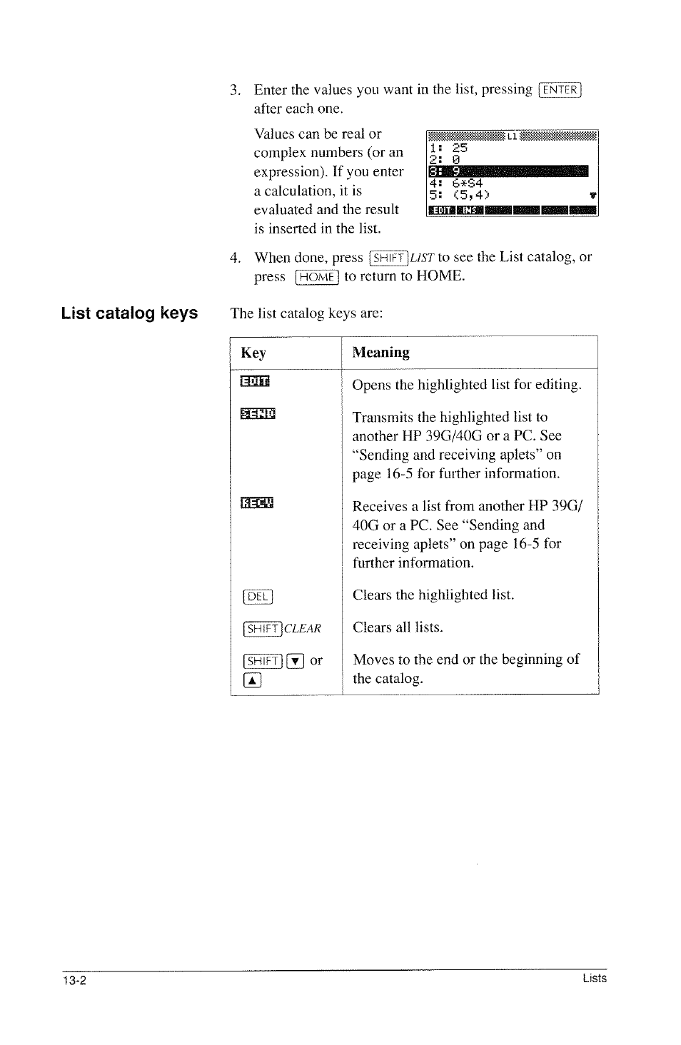 List catalog keys | HP 39g Graphing Calculator User Manual | Page 190 / 292