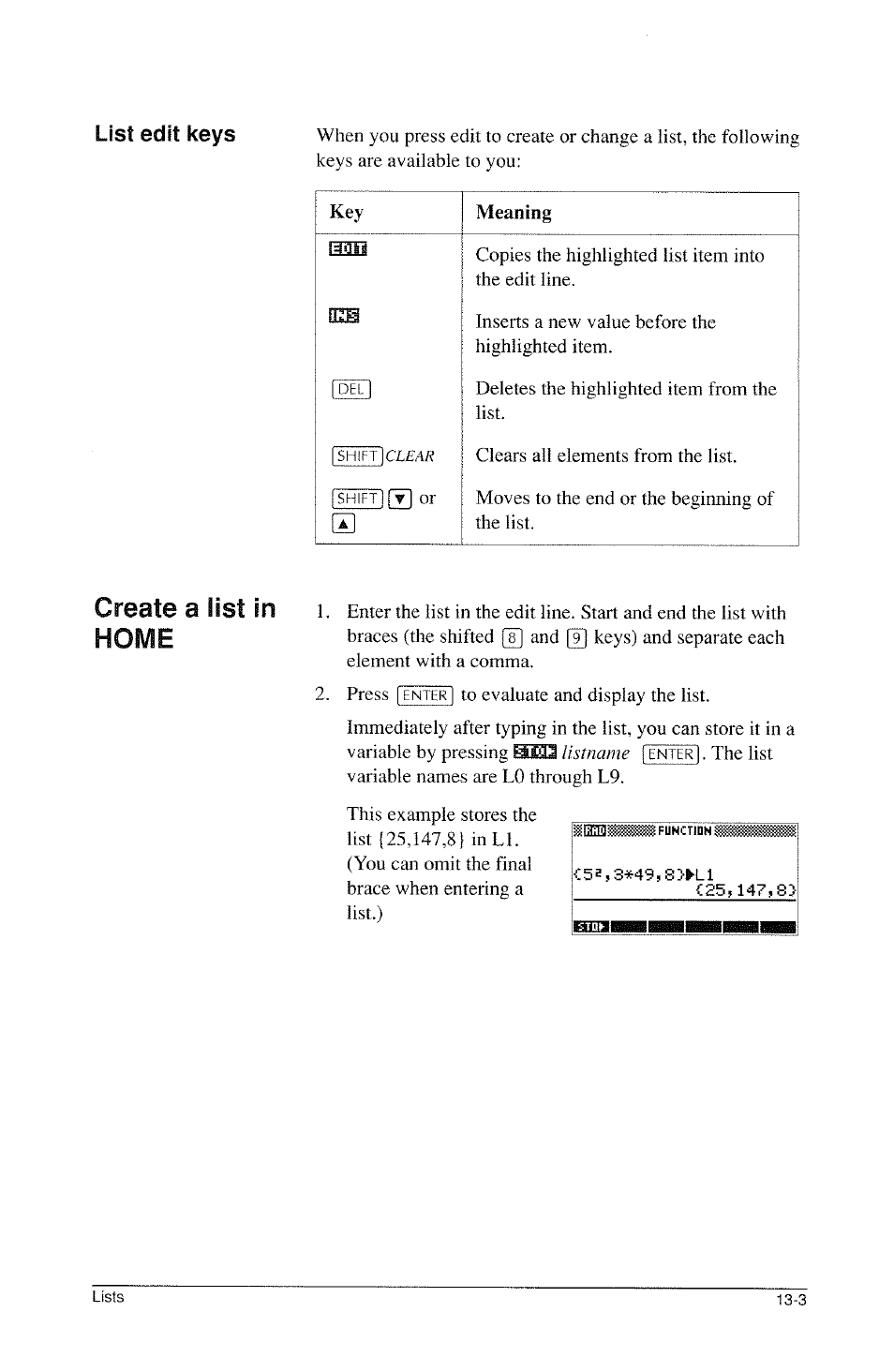 Create a list in home, List 6dit keys | HP 39g Graphing Calculator User Manual | Page 191 / 292