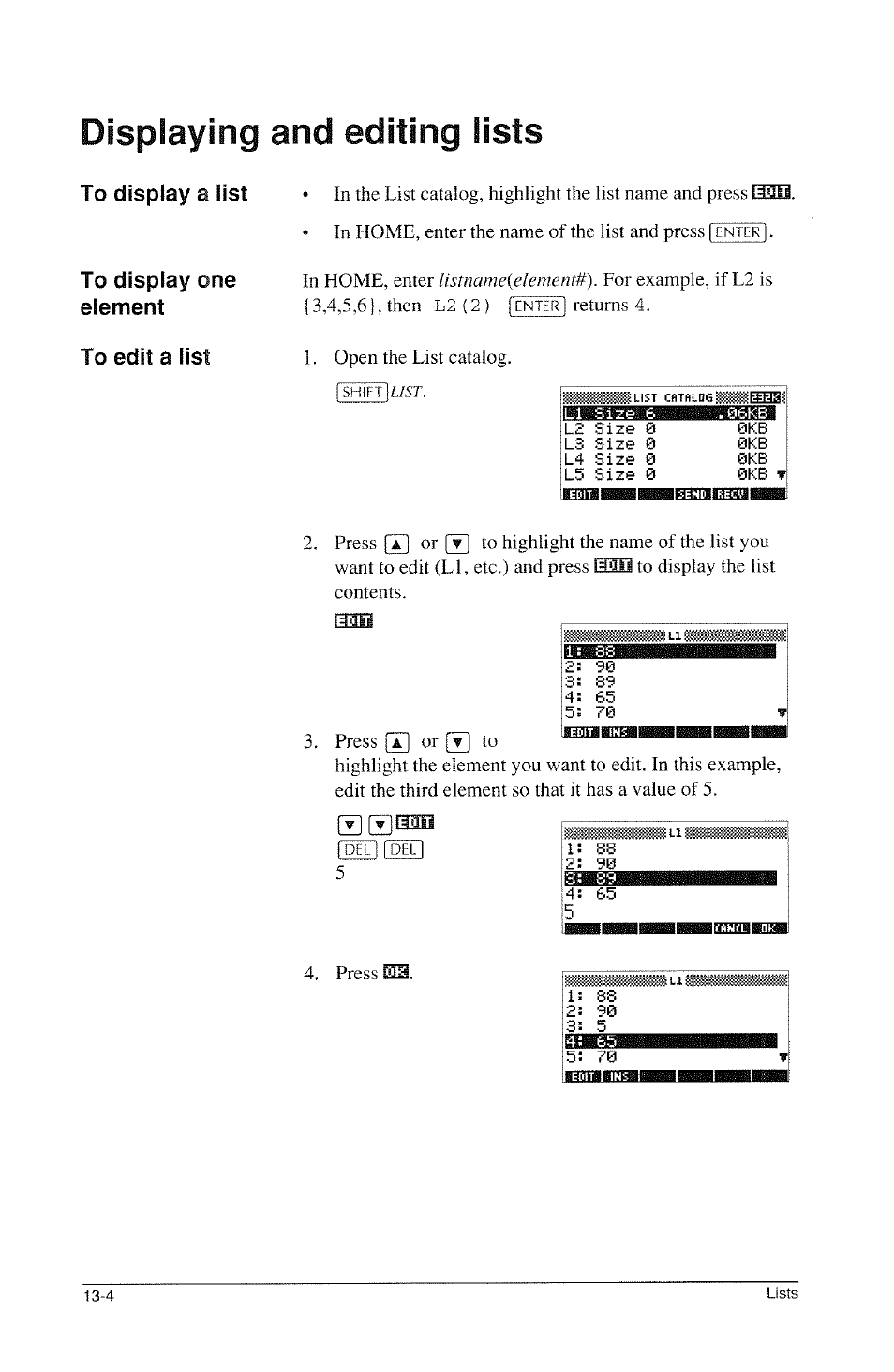 Displaying and editing lists, To display a list, To display one element | To edit a list, Displaying and editing lists -4, Displaying, And editing lists | HP 39g Graphing Calculator User Manual | Page 192 / 292