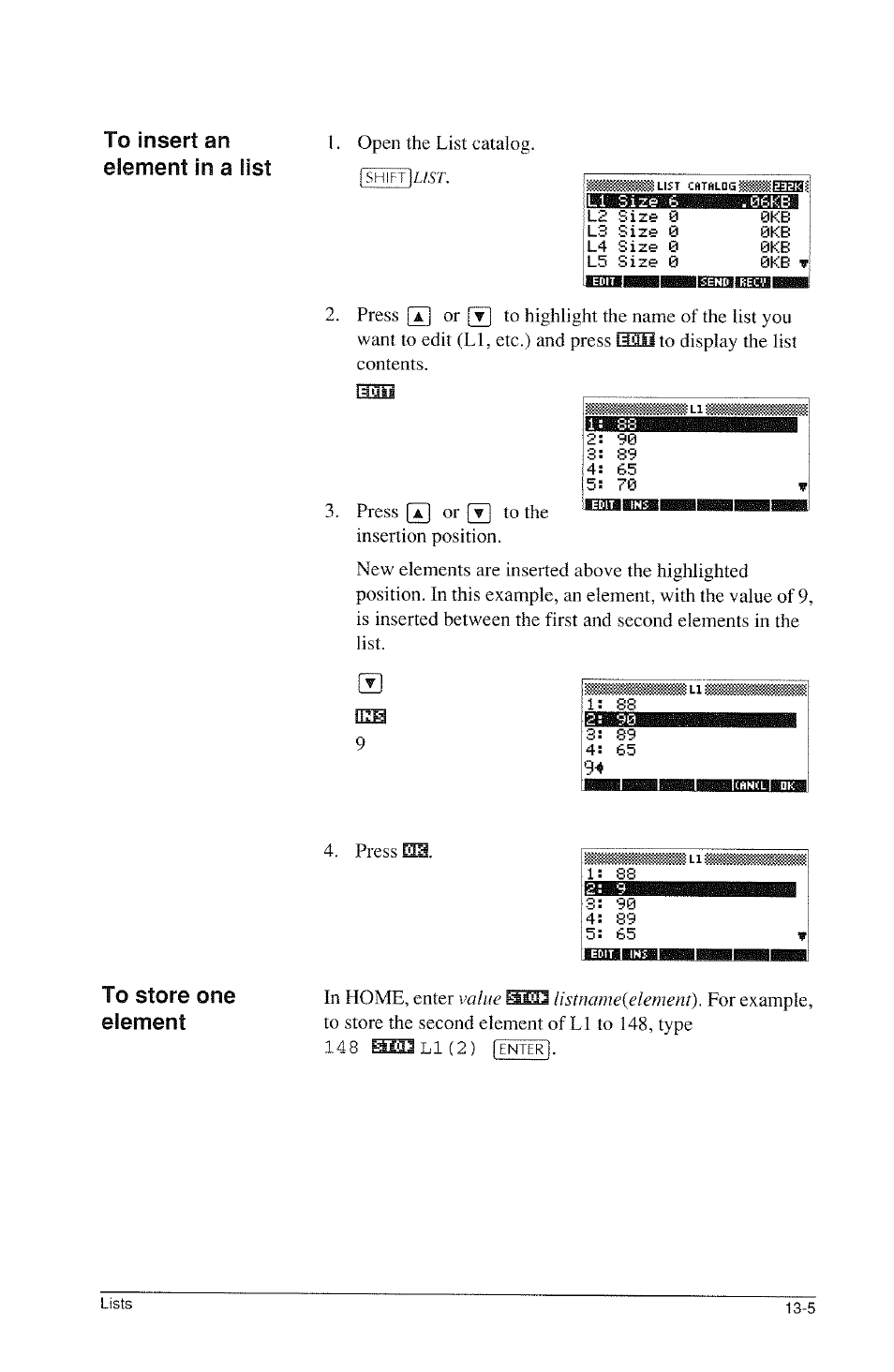 To insert an element in a list, Eiement | HP 39g Graphing Calculator User Manual | Page 193 / 292