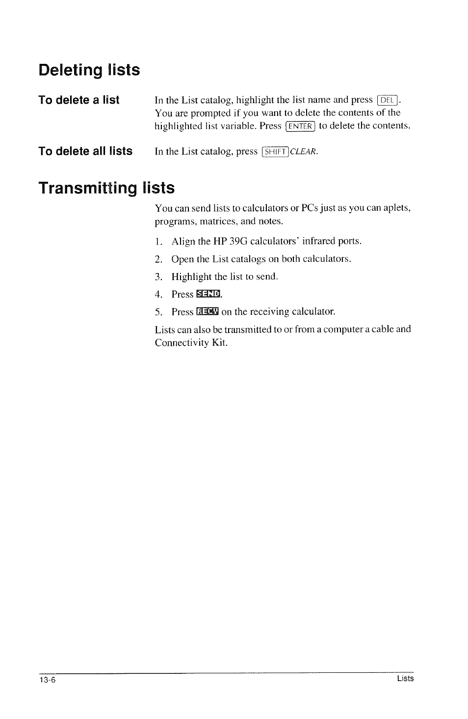 Deleting lists, Transmitting lists, Deleting lists -6 | Transmitting lists -6 | HP 39g Graphing Calculator User Manual | Page 194 / 292