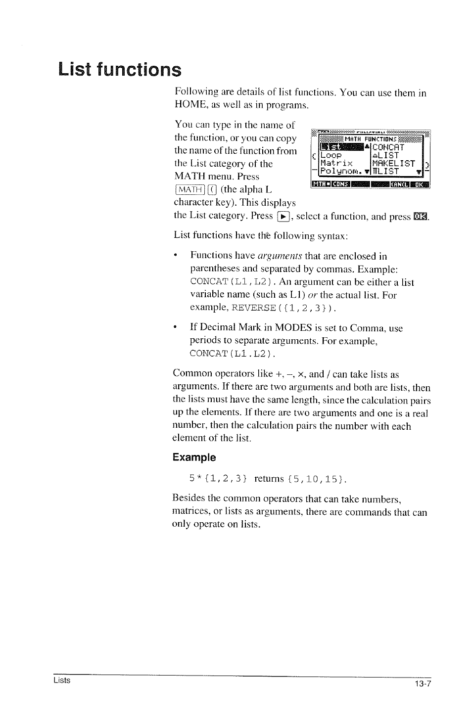 List functions, Example, List functions -7 | HP 39g Graphing Calculator User Manual | Page 195 / 292