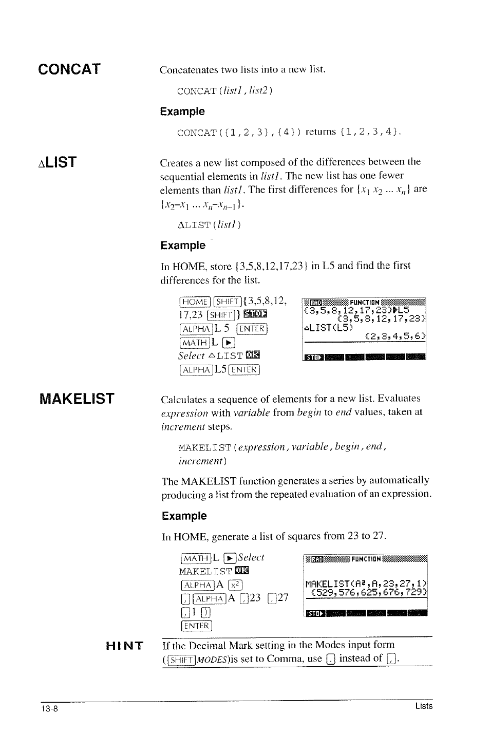 Example, Concai, List | Makelist | HP 39g Graphing Calculator User Manual | Page 196 / 292