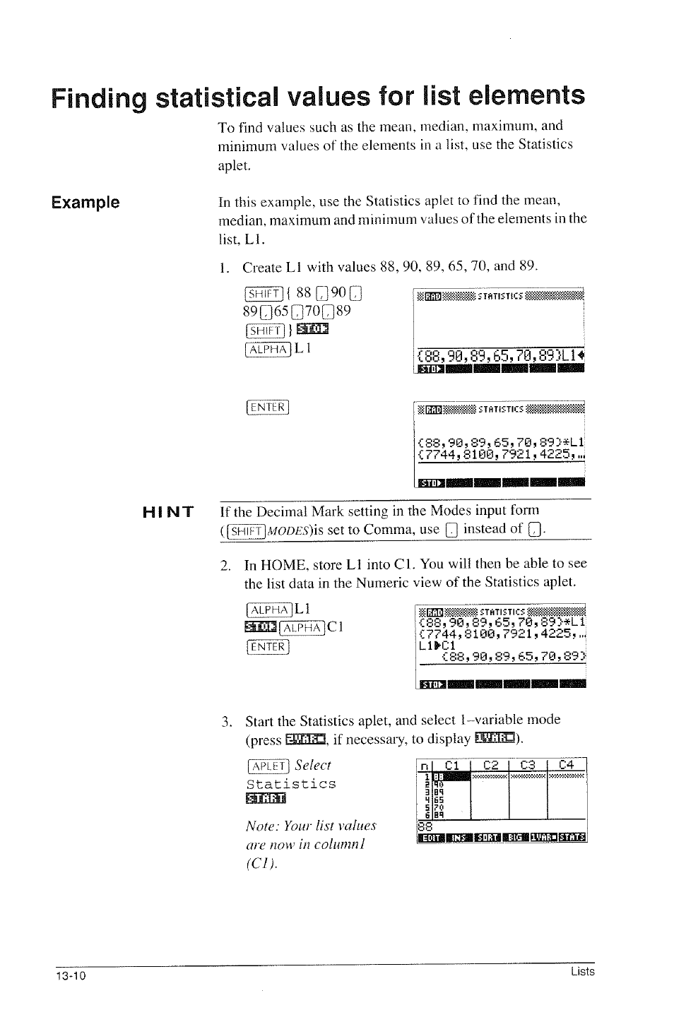 Finding statistical values for list elements, Example, Finding statistical values for list elements -10 | Fshfr, 88 [] 90 q, Statistics | HP 39g Graphing Calculator User Manual | Page 198 / 292