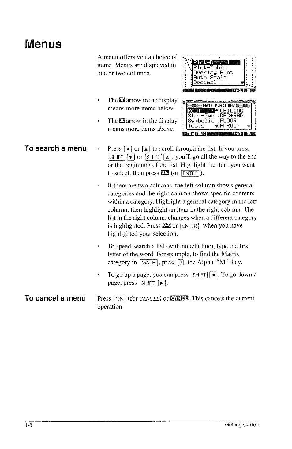 Menus, Menus -8 | HP 39g Graphing Calculator User Manual | Page 20 / 292