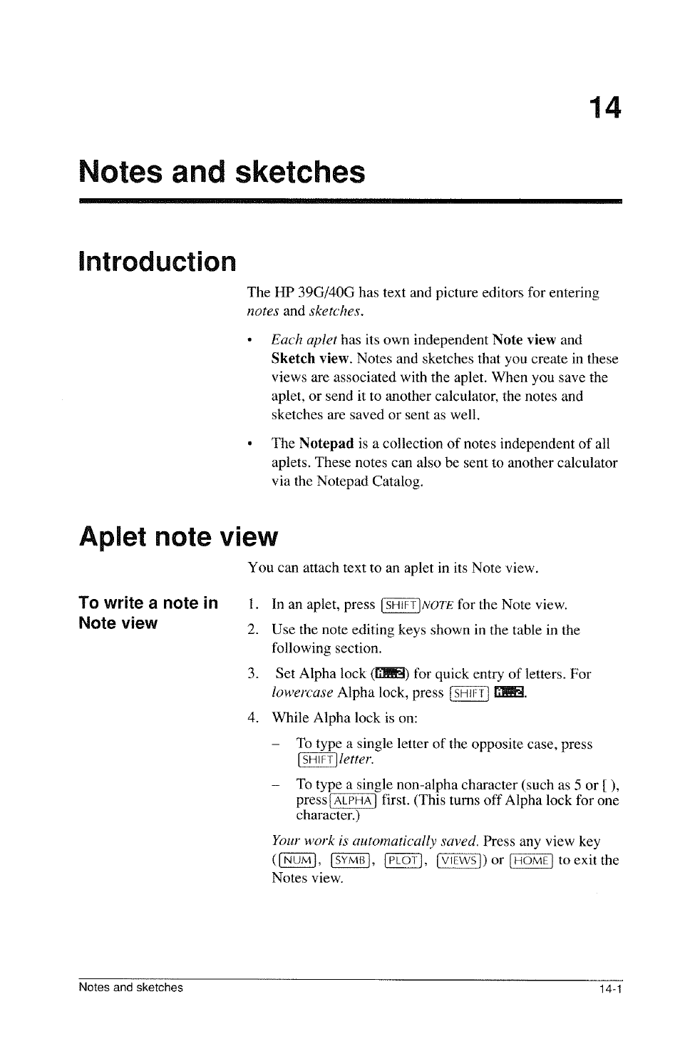 Notes and sketches, Introduction, Aplet note view | Introduction -1 aplet note view -1 | HP 39g Graphing Calculator User Manual | Page 201 / 292