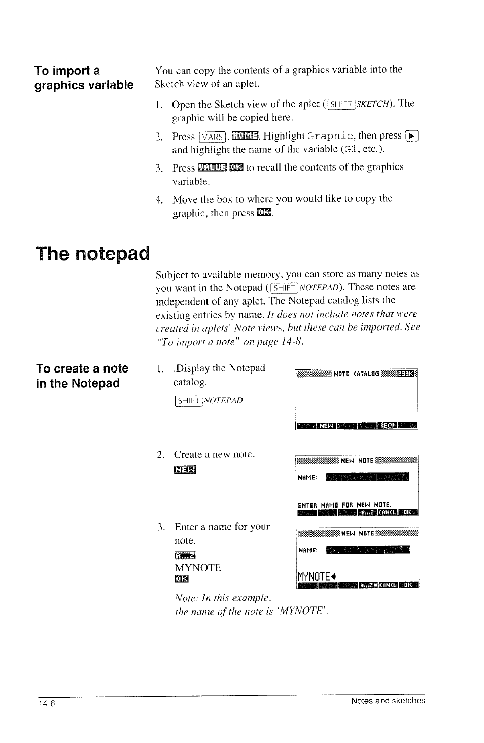 The notepad, The notepad -6, Myn0te4 | HP 39g Graphing Calculator User Manual | Page 206 / 292