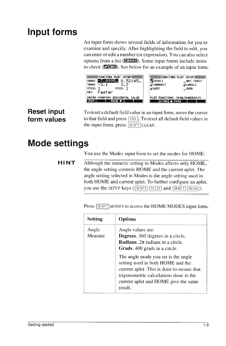 Input forms, Mode settings, Input forms -9 mode settings -9 | Reset input form values | HP 39g Graphing Calculator User Manual | Page 21 / 292