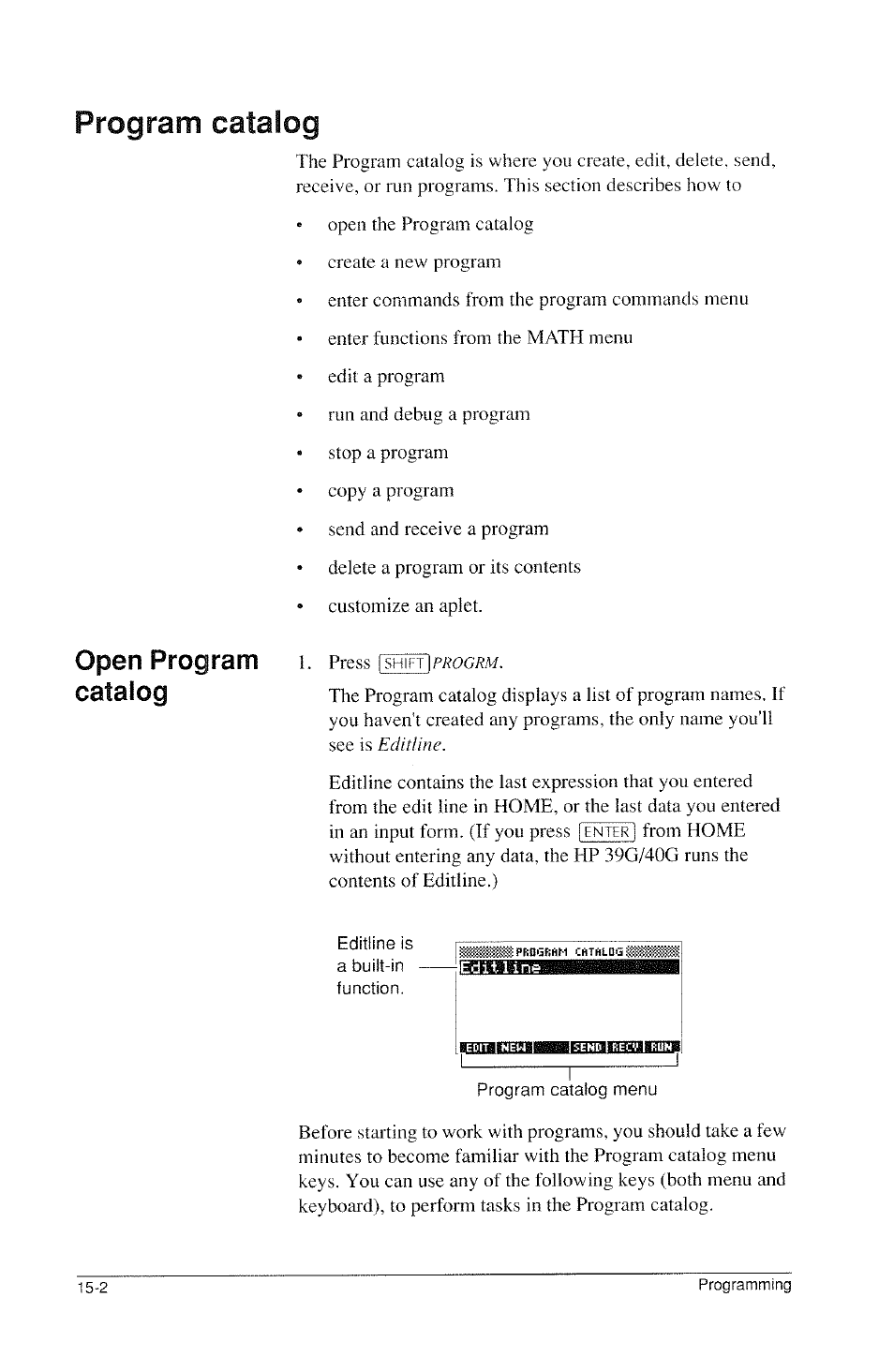 Program catalog, Program catalog -2, Open program catalog | HP 39g Graphing Calculator User Manual | Page 210 / 292