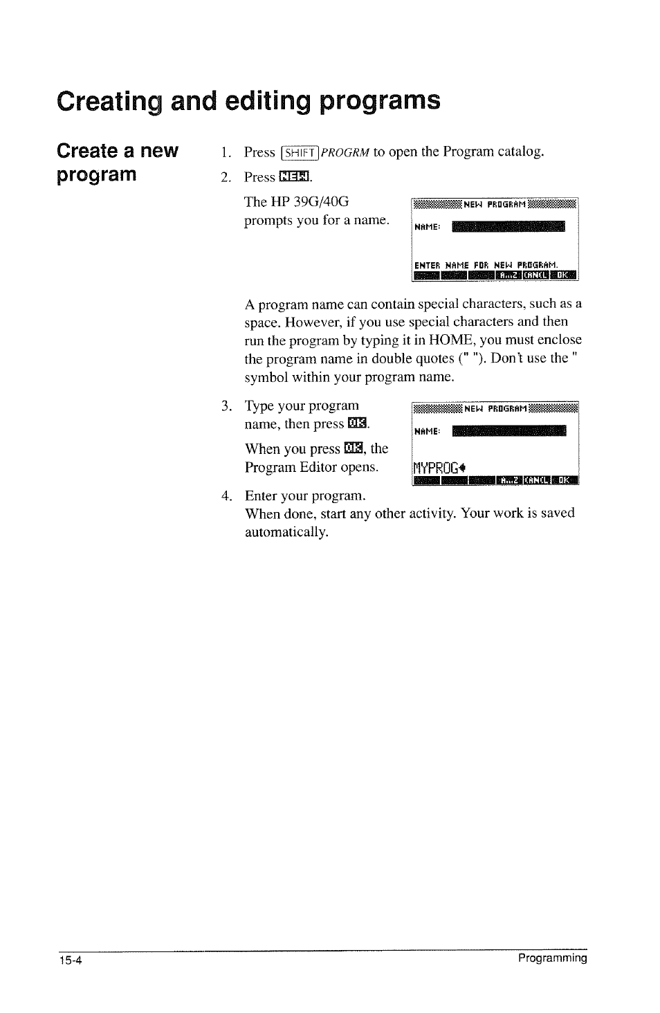 Creating and editing programs, Hypr0g4, Create a new program | HP 39g Graphing Calculator User Manual | Page 212 / 292