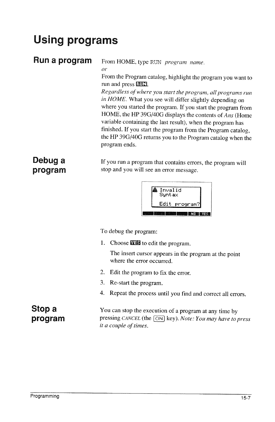 Using programs, Run a program, Debug a program | Stop a program | HP 39g Graphing Calculator User Manual | Page 215 / 292