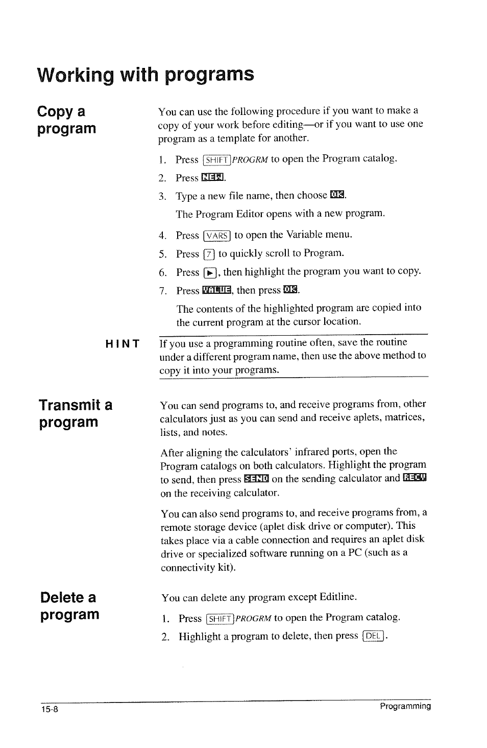 Working with programs, Copy a program, Transmit a program delete a program | HP 39g Graphing Calculator User Manual | Page 216 / 292