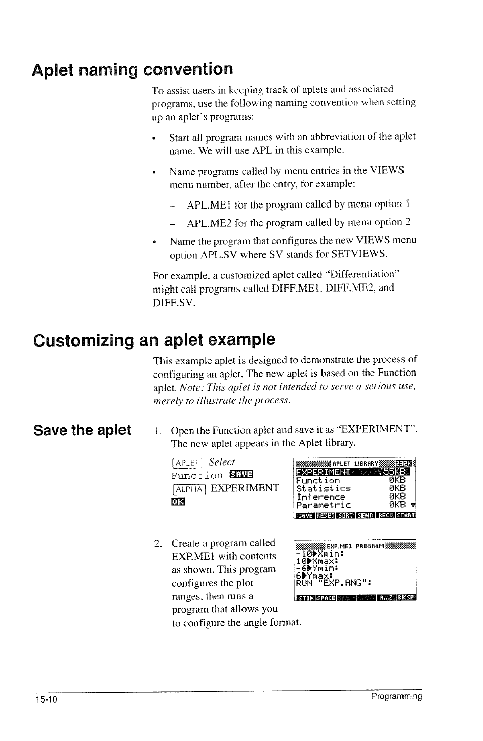 Aplet naming convention, Customizing an aplet example, Save the aplet | HP 39g Graphing Calculator User Manual | Page 218 / 292